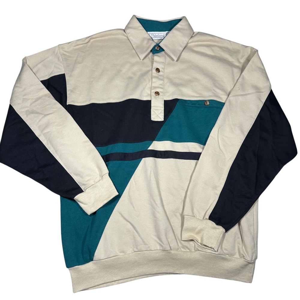 Vintage 90s Palmland Geometric Long Sleeve Polo Shirt Tan Teal Black M
